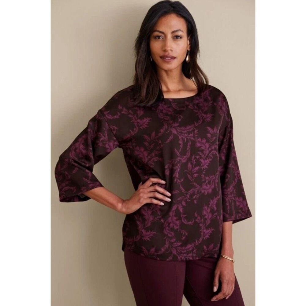 SOFT SURROUNDINGS Wine Botanical Sz Medium Casual or Dress SELINA Blouse NEW